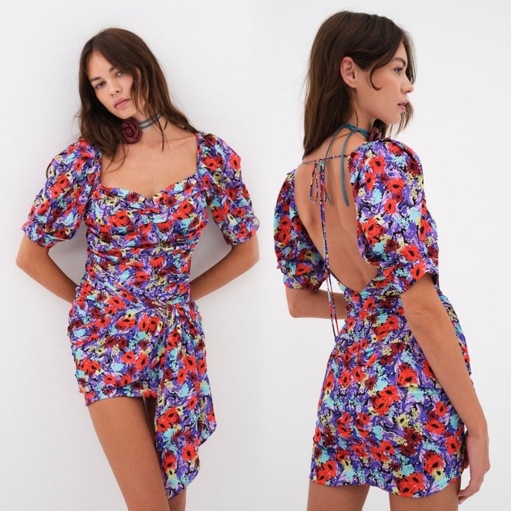 ❤️+🍋 FOR LOVE & LEMONS Chiara Purple Floral Puff Sleeve Mini Dress Size XS